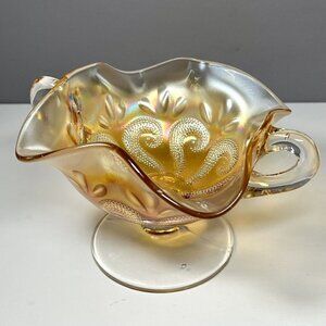 Antique Dugan Carnival Glass Question Marks‎ Marigold Two Handled Footed Bon Bon